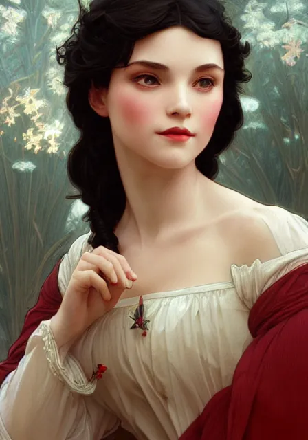 Image similar to snow white, intricate, elegant, highly detailed, digital painting, artstation, concept art, smooth, sharp focus, illustration, art by artgerm and greg rutkowski and alphonse mucha and william - adolphe bouguereau