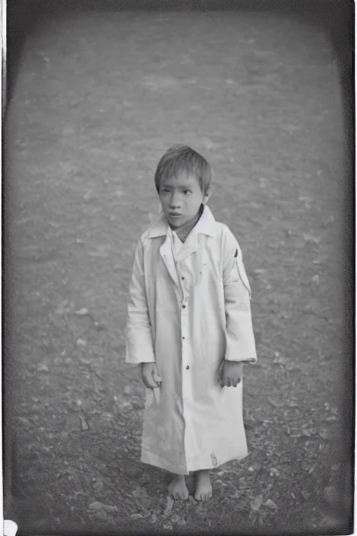 Prompt: photo polaroid of a sad and lonely child in a white coat and barefoot stands in the middle from behind the camera many big tents of field hospitals, pandemic, covid, loneliness, black and white ,photorealistic, 35mm film,