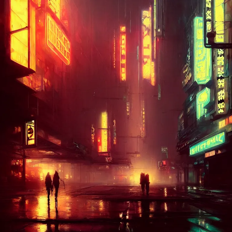 Prompt: beautiful painting by jeremy mann, cyberpunk street, neon signs, baroque portrait painting, perfect composition, detailed octane render trending on artstation, 8 k artistic photography, volumetric cinematic perfect light, chiaroscuro, masterpiece, raphael, caravaggio, beksinski, rutkowski