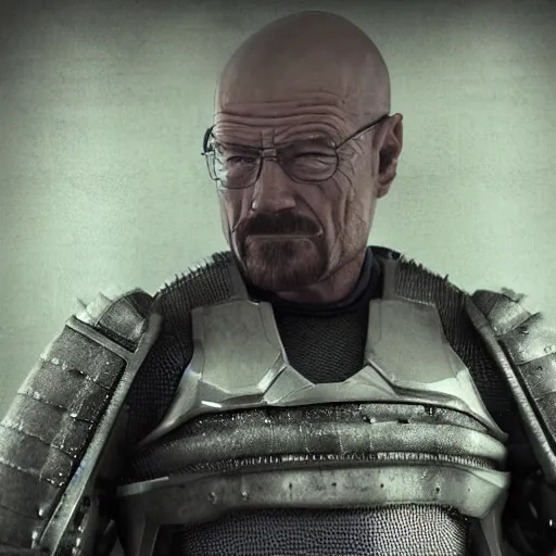 Image similar to Walter White in cybernetic battle armour, 4k octane render, highly detailed