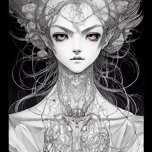 Image similar to prompt: Fragile looking vessel portrait soft light drawn by Vania Zouravliov, inspired by Akira 1988 anime, magical and alchemical weapons, soft light, white background, intricate detail, intricate ink painting detail, sharp high detail, manga and anime 2000