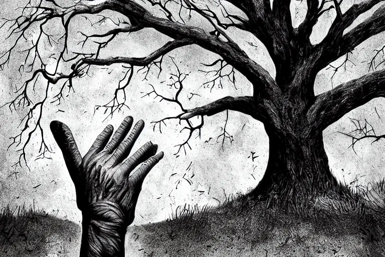 Prompt: dead hand comes out of the ground in a cemetery, dark night, full moon, crows on the oak tree, highly detailed digital art, photorealistic