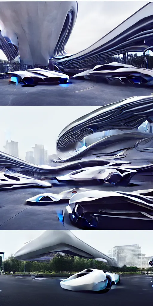Prompt: sci-fi car zaha hadid wall structure logotype and car on the coronation of napoleon and digital billboard in the middle artwork in style of Ruan Jia Sheng Lam