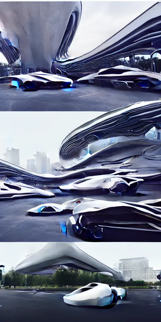 Image similar to sci-fi car zaha hadid wall structure logotype and car on the coronation of napoleon and digital billboard in the middle artwork in style of Ruan Jia Sheng Lam