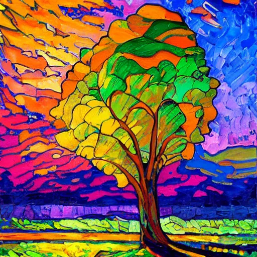 Prompt: a painting of a tree in the sunset, a gouache by Erin Hanson and RHADS, deviantart, neo-fauvism, fauvism, impressionism, vivid colors, rich color palette, acrylic art