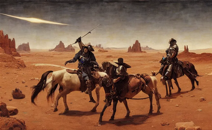Prompt: a cowboy shootout on mars by edgar maxence and caravaggio and michael whelan and delacroix style, artistic, intricate painting, cinematic lighting, hyper realistic, extremely detailed, establishing shot, 8 k resolution, dramatic lighting