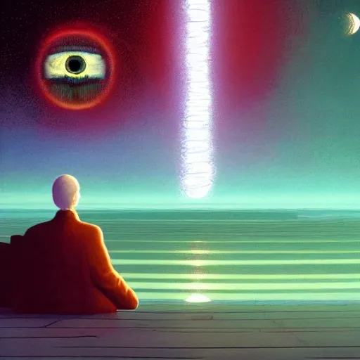 Image similar to portrait of a confident young and old man becoming an omniscient being , high detail, , concept art, floating particles, glowing green eyes, background by john harris + david a. hardy, artwork by jean giraud + goro fujita