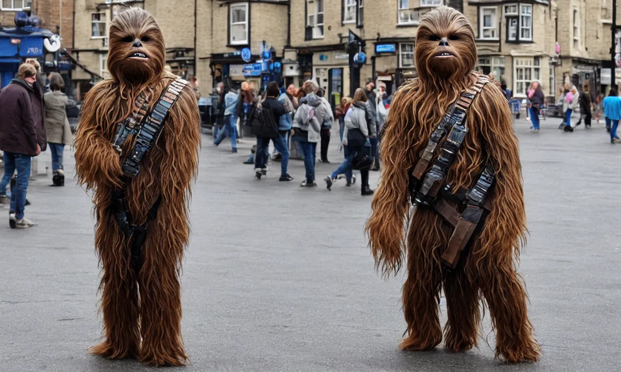 Image similar to photo of one chewbacca standing on the streets of rochester, england