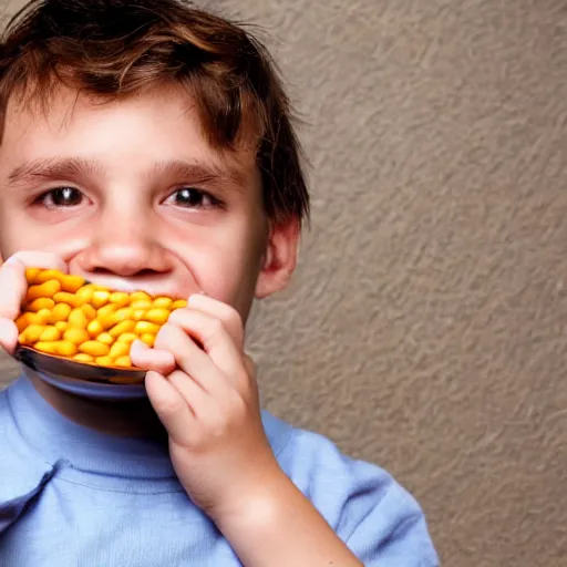 Prompt: stock photo of a small man eating heinz beans out of a bowler hat