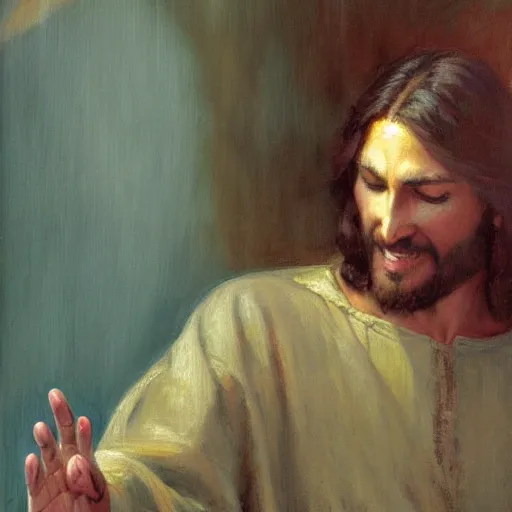 Image similar to Jesus doing the crip hand sign, painting by Gaston Bussiere, Craig Mullins