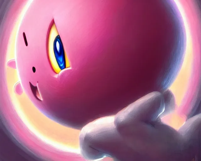 Prompt: portrait of nintendo's kirby in dreamland, pink sphere with a shocked expression, deep focus, d & d, fantasy, intricate, elegant, highly detailed, digital painting, artstation, concept art, matte, sharp focus, illustration, hearthstone, art by artgerm and greg rutkowski and alphonse mucha and super smash bros