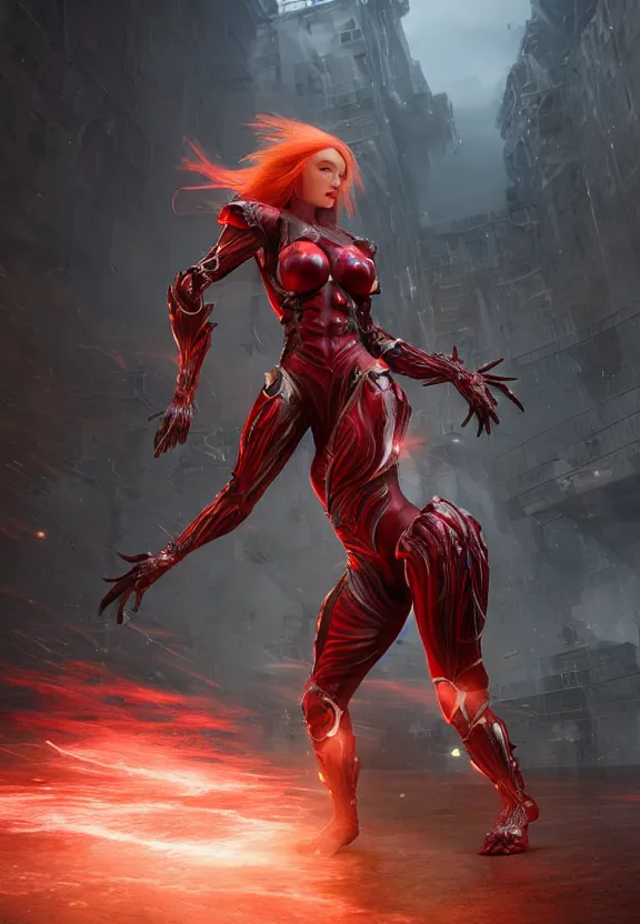 Image similar to vfx, octane render, zbrush, one beautiful anatomically correct woman, wearing spandex armour with flowing red hair and green eyes, super hero full body, walking towards the camera, volumetric lightning, highly detailed, concept art, art station, center of picture.