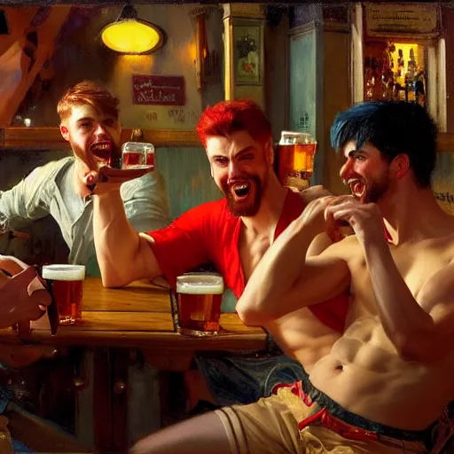 Image similar to attractive maculine male with red hair and attractive masculine male with black hair. pants and shorts, drinking their hearts out, having fun, in a pub. highly detailed and very defined painting by gaston bussiere, j. c. leyendecker, craig mullins 8 k