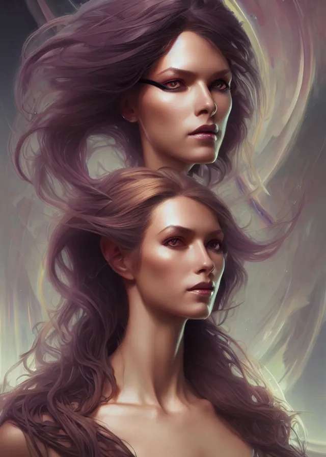 Image similar to futuristic woman portrait, sci-fi, amber eyes, face, long hair, fantasy, intricate, elegant, highly detailed, digital painting, artstation, concept art, smooth, sharp focus, illustration, art by artgerm and greg rutkowski and alphonse mucha