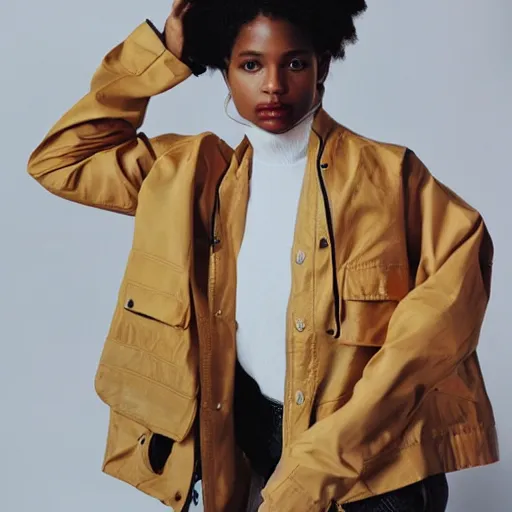 Image similar to realistic photoshooting for a new ssense lookbook color film photography portrait of a beautiful woman model wearing a workwear jacket, photo in style of tyler mitchell