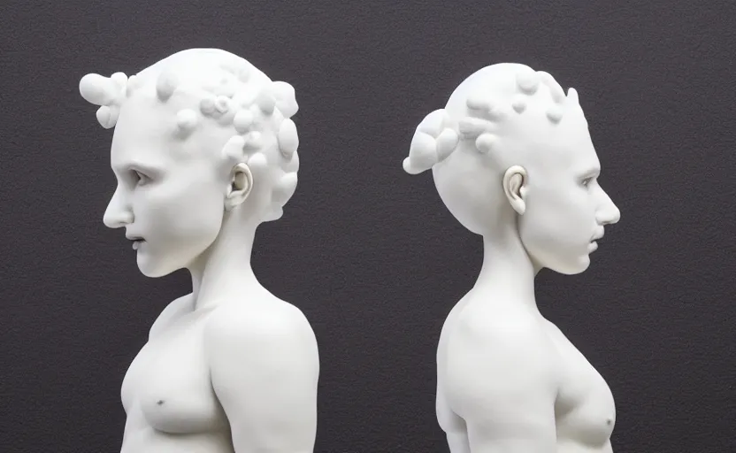 Image similar to full head and shoulders, beautiful female porcelain sculpture by daniel arsham and raoul marks, smooth, all white features on a white background, delicate facial features, white eyes, white lashes, detailed white, lots of 3 d giant axolotls on the head