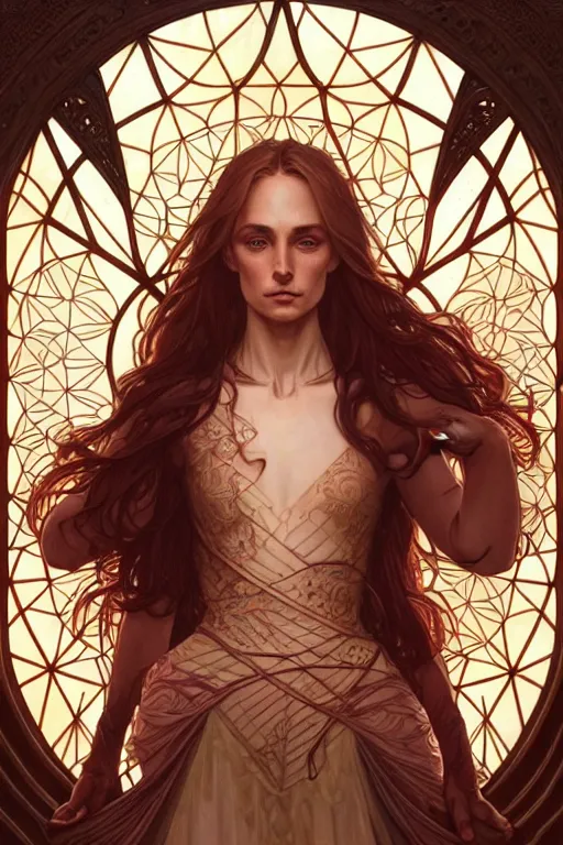 Image similar to symmetry!! intense fanart of 3 / 4 back pose of halliwell as acotar protagonist, intricate, elegant, highly detailed, my rendition, digital painting, artstation, concept art, smooth, sharp focus, illustration, art by artgerm and greg rutkowski and alphonse mucha. fireball in hand, traditional clothes