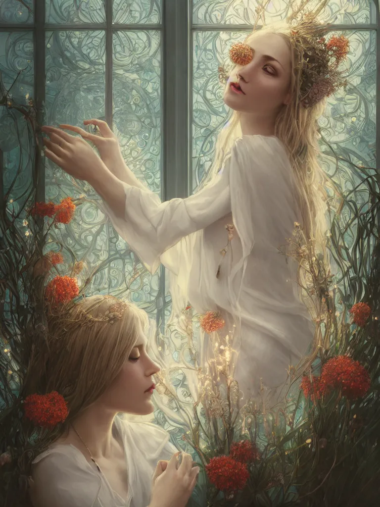 Image similar to a blonde girl in white dress in beautiful window, necklace with a fruit seed ornament, ocean eyes, light freckles, incense smoke and flowers in the background, portrait, mucha, conceptart, medium shot, unreal, octane, symmetrical, photorealism.