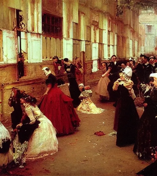 Image similar to high quality high detail painting by ilya repin, many brides in a blood flooded house, hd