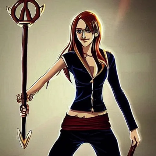 Image similar to A full body portrait of emma watson as Nami from one piece holding a trident in one hand, leage of legends