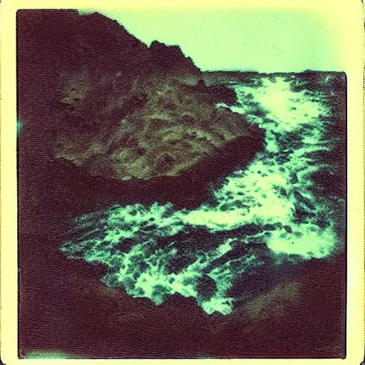 Prompt: a caldera with rushing water at the bottom, creepy, eerie, unsettling, terrifying, jagged rocks, dark, old polaroid, expired film, deep!!, dark!!!