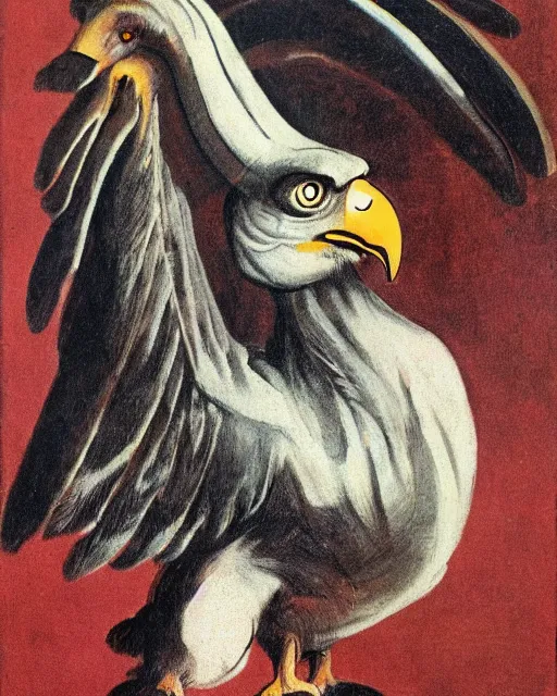 Image similar to a creature with the body and eyes of a man, with the beak of an eagle and the horns of an ox. drawn by francis bacon