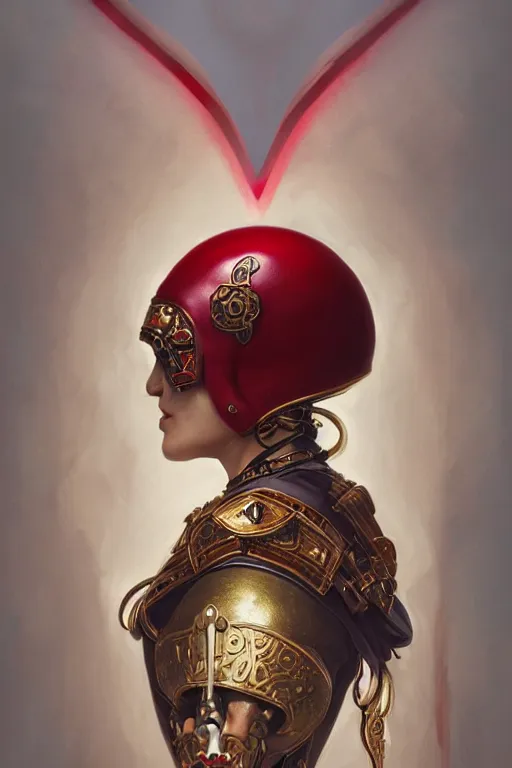 Image similar to ultra realistic illustration, 3 d render of a nun with a skull helmet red and gold accents, gothic, dark, hacknaut, fantasy, intricate, elegant, highly detailed, digital painting, artstation, concept art, smooth, sharp focus, illustration, art by artgerm and greg rutkowski and alphonse mucha