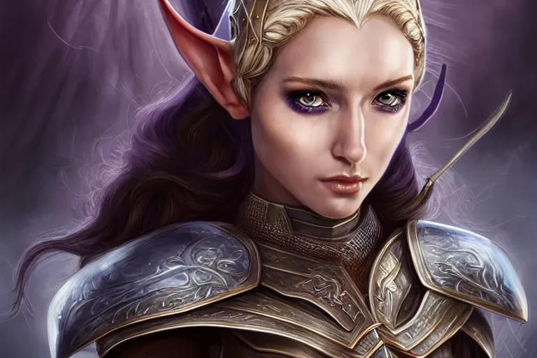 Image similar to head and shoulders portrait of an eldritch knight, elf, beautiful, female, breastplate, magical, high fantasy, d & d, by artgerm, face details, extremely detailed, digital illustration