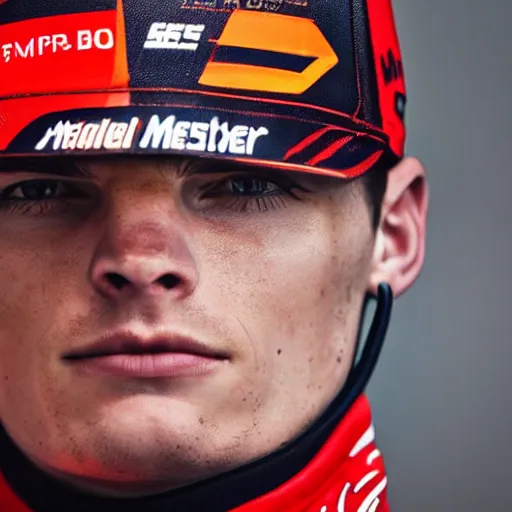 Prompt: close up of max verstappen wearing mercedes amg overall, dramatic shot, great photography, ambient light, l