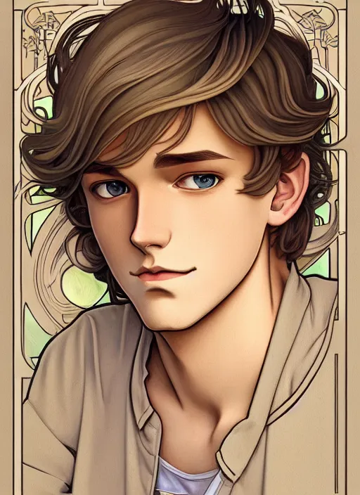 Prompt: art nouveau portrait of a young man with short, ash blond greyish hair, light brown eyes, casual clothing, t - shirt, modern clothing, natural lighting, path traced, highly detailed, high quality, cartoon, digital painting, by don bluth and ross tran and studio ghibli and alphonse mucha