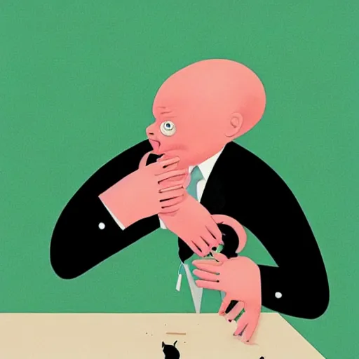 Prompt: a masterpiece illustration of a man cutting his own hand, by joan cornella, unsettling, surreal humor and black humor,