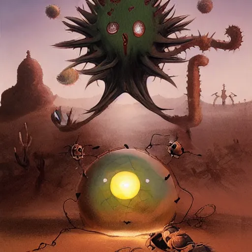 Prompt: magical soccer ball covered with eyes, with two antennas, in the desert next to a cactus, d & d, fantasy, greg rutkowski, frank frazetta, alexandre chaudret, boris vallejo, michael whelan, miro petrov, hr giger, magali villeneuve, donato giancola