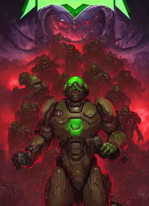 Prompt: ( doom ) cover featuring doom slayer!! doom marine!! surrounded by demons, by kenneth scott, artstation, vivid gaze