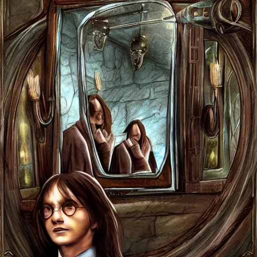 Prompt: Harry Potter The Mirror of Erised, Grogu stands in front of the mirror and wonders at his reflection, scifi fantasy, realistic, hyperdetailed, UE5, Harry Potter