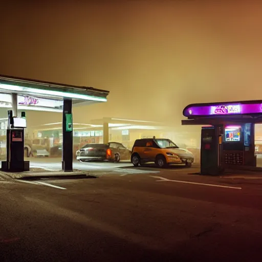 Image similar to a convenience store at a gas station in the dark and misty night, observed from afar in the fog, cyberpunk style ( 2 0 6 0 )