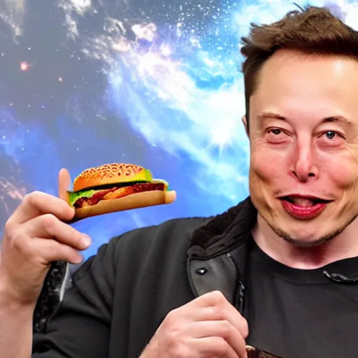 Image similar to elon musk eating burger in space, hd photo