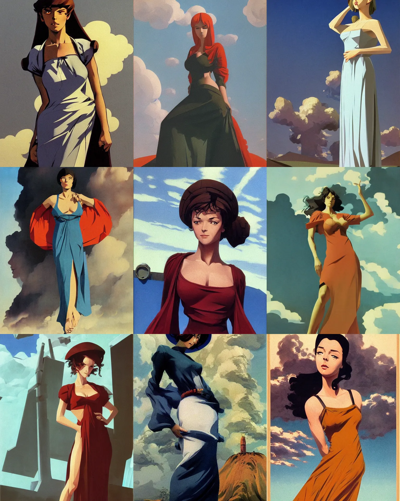 Prompt: woman portrait, female figure in maxi dress, sky, thunder clouds modernism, low poly, low poly, low poly, industrial, soviet painting, social realism, barocco, Frank Frazetta, Dean Ellis, Detmold Charles Maurice, 1993 anime,