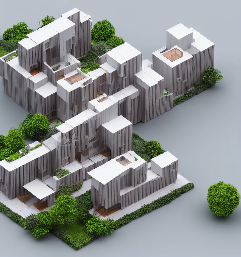 Prompt: architectural model, isometric view, 3 d render, studio lighting, low contrast, brightly lit studio, highly detailed, a thick house with long triangular plan and large windows, mansard roof, post - modernism, high tech, pool, tree