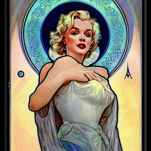 Image similar to marilyn monroe portrait by louis - theophile hingre and alphonse mucha, realistic, sharp focus, zodiac signs, tarot cards, planets, ethereal, art nouveau, magic, moon, sun, smart, wisdom, royal, jewellery