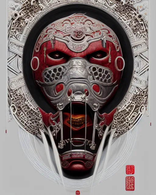 Image similar to portrait of slipknot band, upper half portrait, decorated with chinese opera motifs, asian, bian lian, traditional chinese art, intricate, elegant, highly detailed, symmetry, digital painting, artstation, concept art, smooth, sharp focus, illustration, art by artgerm and greg rutkowski and alphonse mucha, 8 k