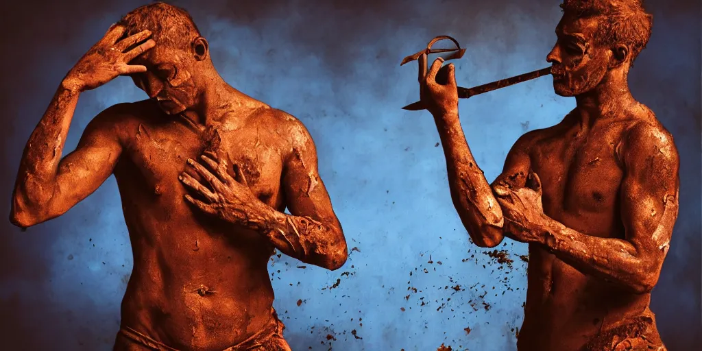 Image similar to highly detailed photography of a men made of rust clay and fire, hand gesture, sharp focus, dust particles, dirt, dramatic scene, aesthetic, dynamic lighting, elegant, harmony, masterpiece, by roberto ferri, blue background, high quality, spatula