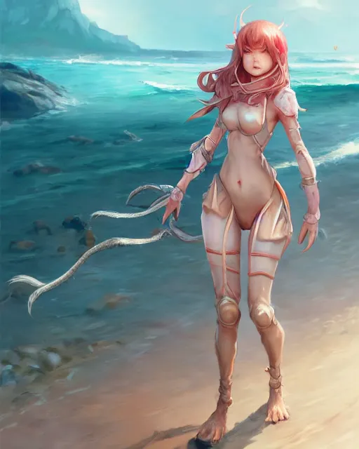 Prompt: concept art of a crab girl hybrid, wearing tight medival clothes, walking through a shallow beach | | cute - fine - fine details by stanley artgerm lau, wlop, rossdraws, and sakimichan, trending on artstation, brush strokes