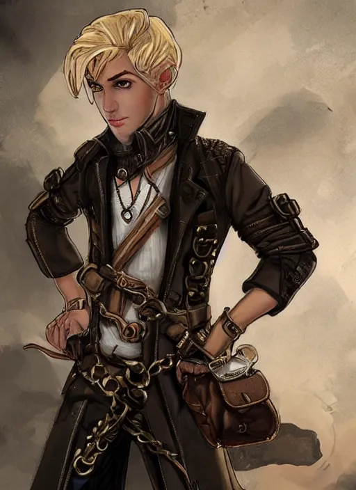 Prompt: a blonde boy thief with a steampunk armband in the style of eve ventrue