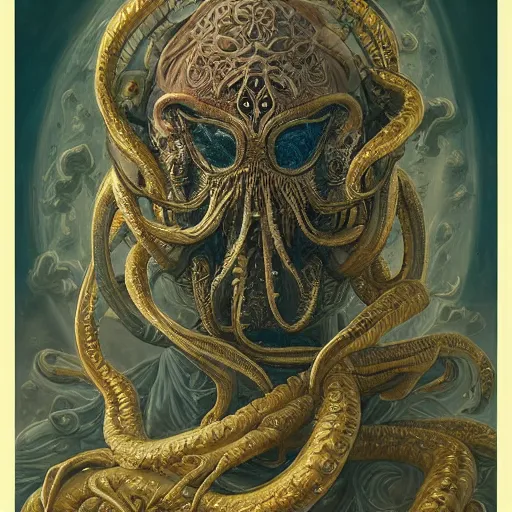 Image similar to a beautiful rendition of astronaut cthulhu, insanely detailed and intricate, golden ratio, hypermaximalist, elegant, ornate, luxury, elite, horror, creepy, ominous, haunting, matte painting, cinematic, cgsociety, james jean, brian froud, ross tran