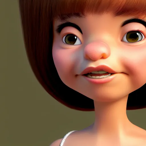Prompt: A portrait of a plump woman, a cute 3d cgi toon woman with brown hair in a Bob, no bangs, brown eyes, full face, olive skin, romanian heritage, medium shot, mid-shot, hyperdetailed, 8k, trending on artstation, as a Pixar character
