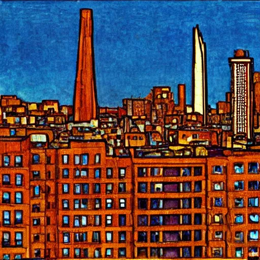 Image similar to scientific illustration of san francisco skyline, egon schiele portrait style