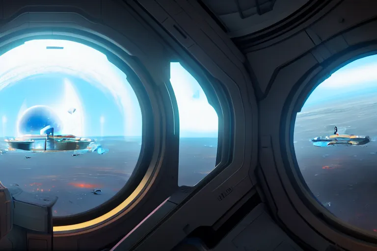 Image similar to interior of space base in orbit with a huge window, on the window you can see the planet below clearly, the planet is warm with canyons, sharp focus, concept art, very detailed, very realistic, trending on artstation, in the style of star citizen, star wars, overwatch, elite dangerous, beautiful, sci fi, unreal engine,