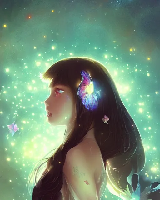 Image similar to a detailed digital art of an attractive!!!! girl with psychedelic! fairy wings sitting under the night sky and holding!! a crystal!! containing all of reality and galaxies, by greg rutkowski artgerm ilya kuvshinov. anime! dramatic lighting, cinematic angle, heavy contrast