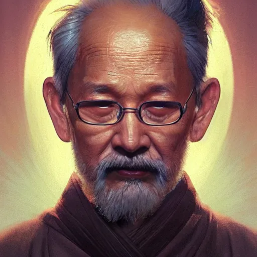 Image similar to mr miyagi is god, portrait, intricate, detailed, volumetric lighting, scenery, digital painting, highly detailed, artstation, sharp focus, illustration, artstation, art by artgerm and greg rutkowski and alphonse mucha