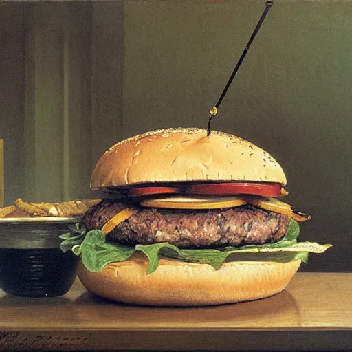 Prompt: Burger, painting by Ivan Shishkin, mega detailed